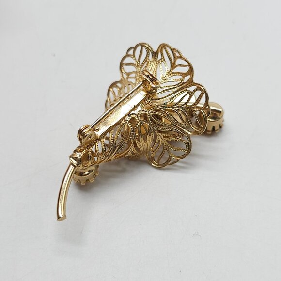 Vintage Gold Filigree Floral Brooch With Amber Rhinestones - Picture 3 of 4